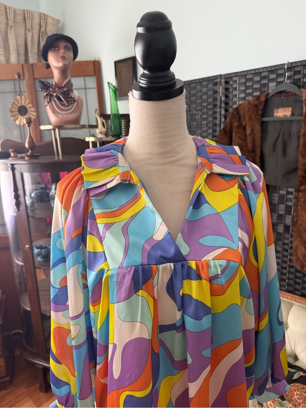 🌈✨ Adrienne Abstract Puff Sleeve Babydoll Blouse Retro Mod Small - Picture 7 of 12